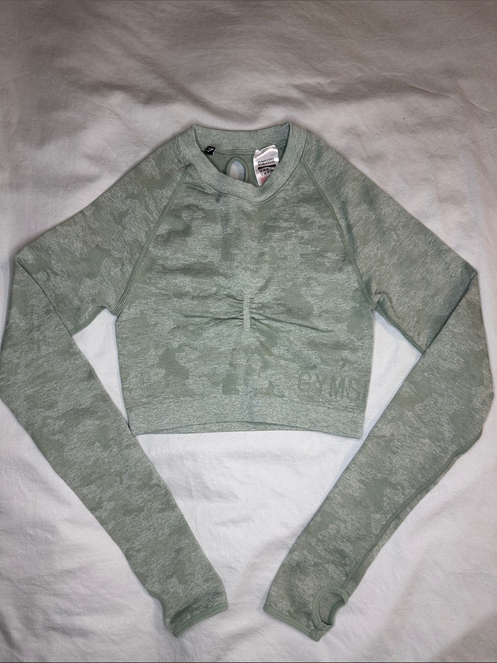 Gymshark Mint Green Camo Seamless Ruched Long-Sleeve Crop Top - S